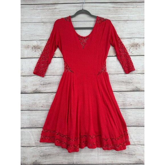Free People 3/4 Sleeve Lace Cutout Fit & Flare Mini Dress Women's Size Small Red - Picture 1 of 12